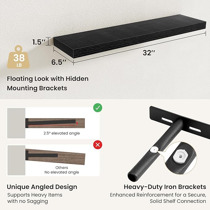 Fun Memories Floating Shelves for Wall, Rustic Wood Wall Mounted Shelves for Bathroom, Bedroom, Living Room & Kitchen, Storage Display Shelves, (Set of 2, Black, 32 in)