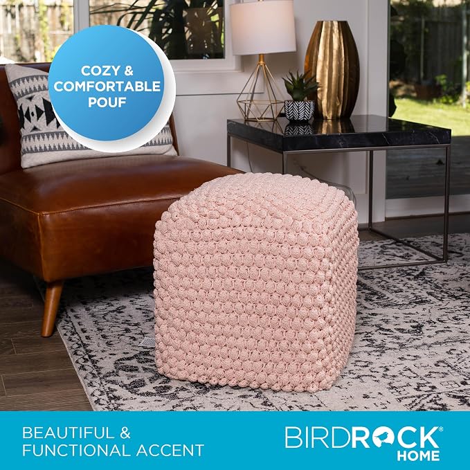 BIRDROCK HOME Square Pouf Ottoman Foot Rest - 18” Compact Comfortable Soft Cotton Knit Bean Bag Floor - Chair Foot Stool Seat for Living Room, Bedroom, or Kids Room (Dusty Rose Pink Bud)