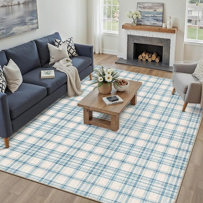 9x12 Blue Area Rug for Living Room Bedroom Soft Low Pile Checkered Large Carpet Modern Accent Non Slip Rug for Dining Room Nursery Office Indoor
