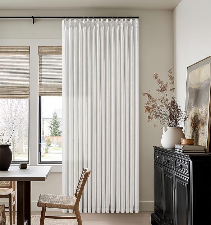 Pinch Pleated Off White Semi Sheer Curtains 90 Inches Long Light Filtering Neutral Boho Farmhouse Linen Curtains Rings Hooks for Living Room Bedroom Nursery Window Drapes 90 Inch Length 2 Panels Set