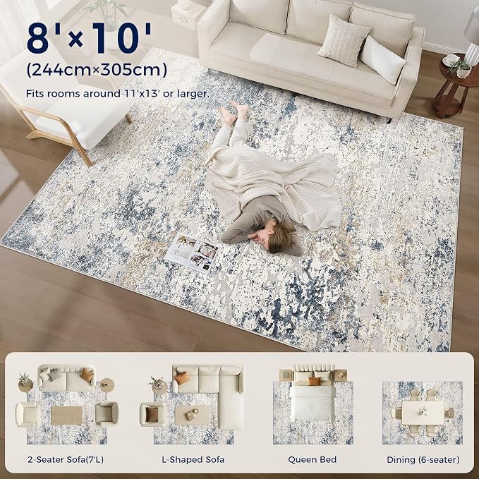 DMOYEST Area Rug Living Room Rugs - 8x10 Abstract Large Soft Indoor Washable Rug Neutral Modern Low Pile Carpet for Bedroom Dining Room Farmhouse Home Office - Beige Blue