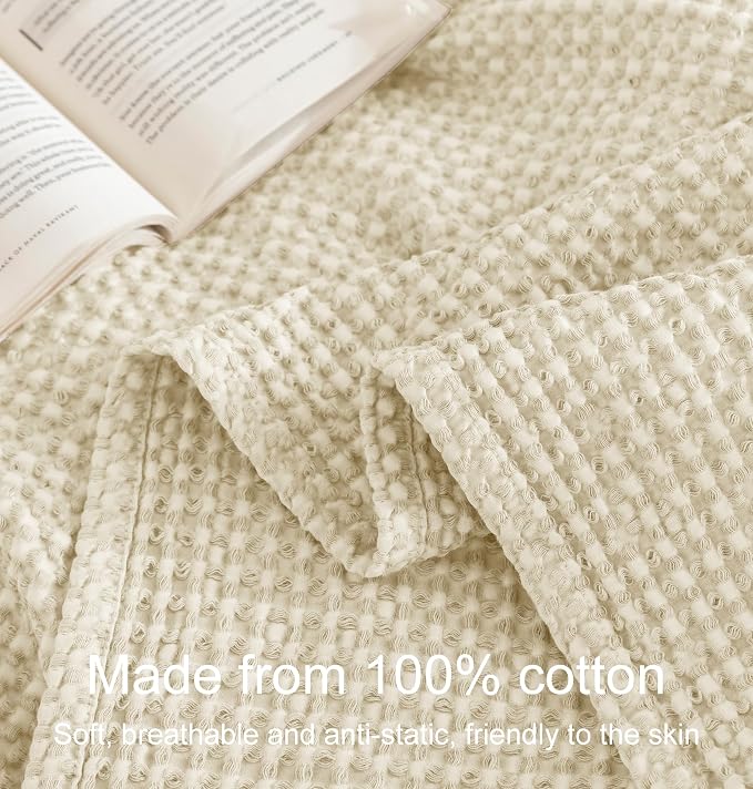 Talasily 100% Cotton Blanket Twin XL Size for Bed - Spring and Summer Cooling Lightweight & Breathable Bedding -Soft Waffle Weave Christmas Blanket, Machine Washable,Beige,66x90 Inches