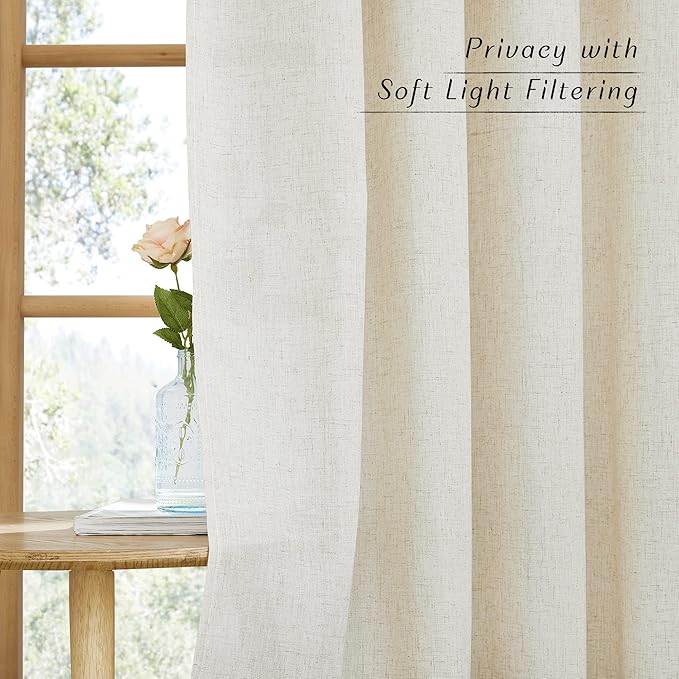 NICETOWN Natural Linen 54 inches Long Curtains for Bedroom, Thick Flax Window Treatments Semi Sheer Privacy Assured with Light Through for Nursery/Bathroom, W42 x L54, 2 Panels