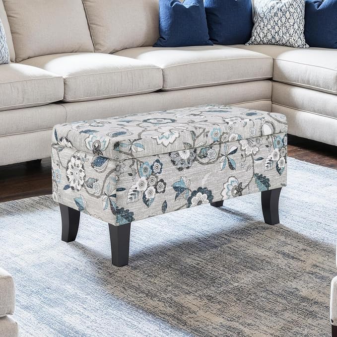 Convenience Concepts Designs4Comfort Winslow Storage Ottoman Bench 32" - Transitional Upholstered Footstool & Seat, for Living Room, Entryway, Hallway, & Bedroom, Gray Flora Fabric