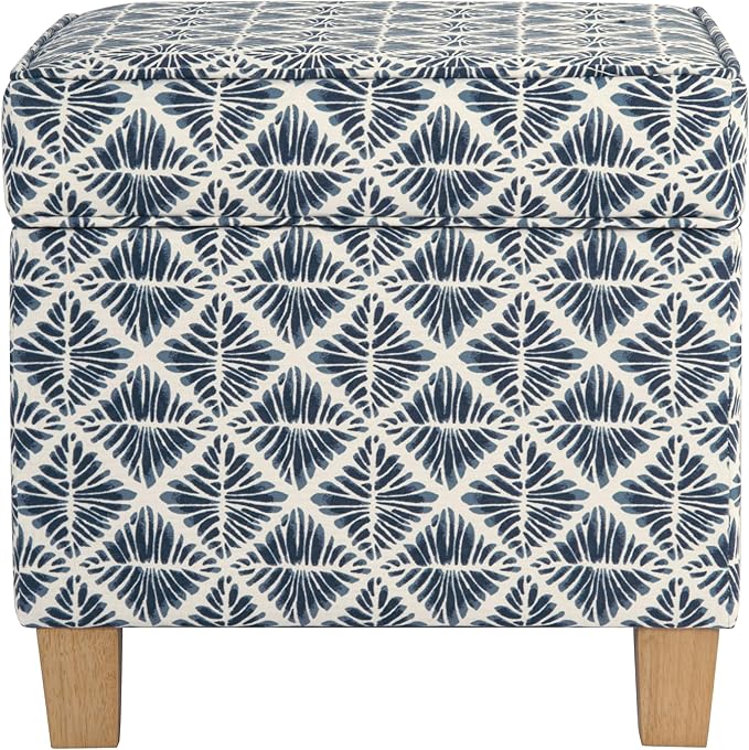 HomePop Small Square Storage Ottoman with Lift-Off Top, Blue Geometric Pattern Cotton Fabric Upholstered Accent Footrest Stool with Wood Legs for Living Room Bedroom Entryway