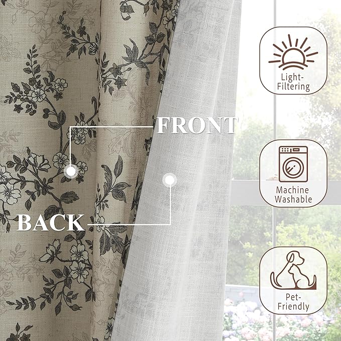 StangH Victorian Floral Curtains for Living Room, Vintage Botanical Butterfly Pattern Cottage Core Decor Classic Printed Flax Linen Texture with Backtab, W52 x L96, Porcelain, 2 Panels