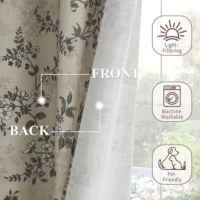 StangH Cottage Floral Curtains Vintage Printed Butterfly Pattern Thick Linen Textured Non-See-Through Drapes for Sliding Door/Guest Room/Kid's Room, W52 x L84, Porcelain, 2 Panels