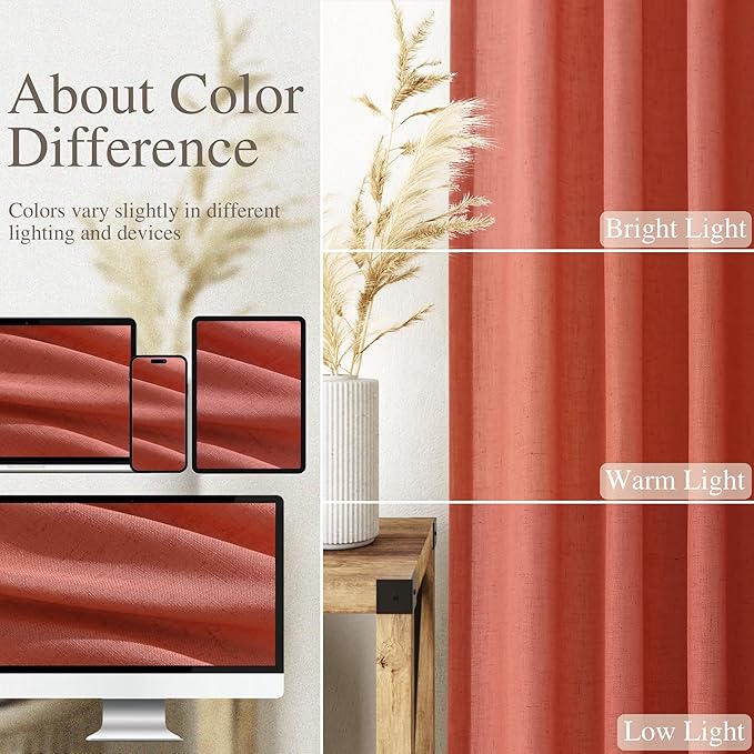 Nanspring Coral Linen Curtains 90 Inch Length 2 Panel Set Back Tab Rod Pocket Semi Sheer Light Filtering Neutral Boho Farmhouse Lightweight Drapes for Bedroom and Living Room 52x90