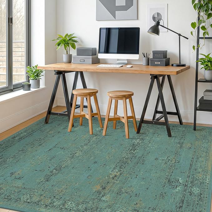 Turquoise Green 8x10 Washable Area Rug for Living Room, Non Slip Low Pile Vintage Boho Carpet, Distressed Teal Geometric Rug for Dining Room, Bedroom, Neutral Friendly Farmhouse Décor
