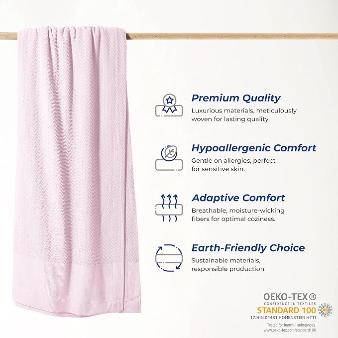 THREAD SPREAD Organic GOTS Cotton Blanket, Full/Queen - 350 GSM, Antistatic, Fuzzy Soft, Lightweight, Sofa, Camping & Travel, Perfect Herringbone All Seasons Throw, Blush + Stylish Bonus Tote Bag