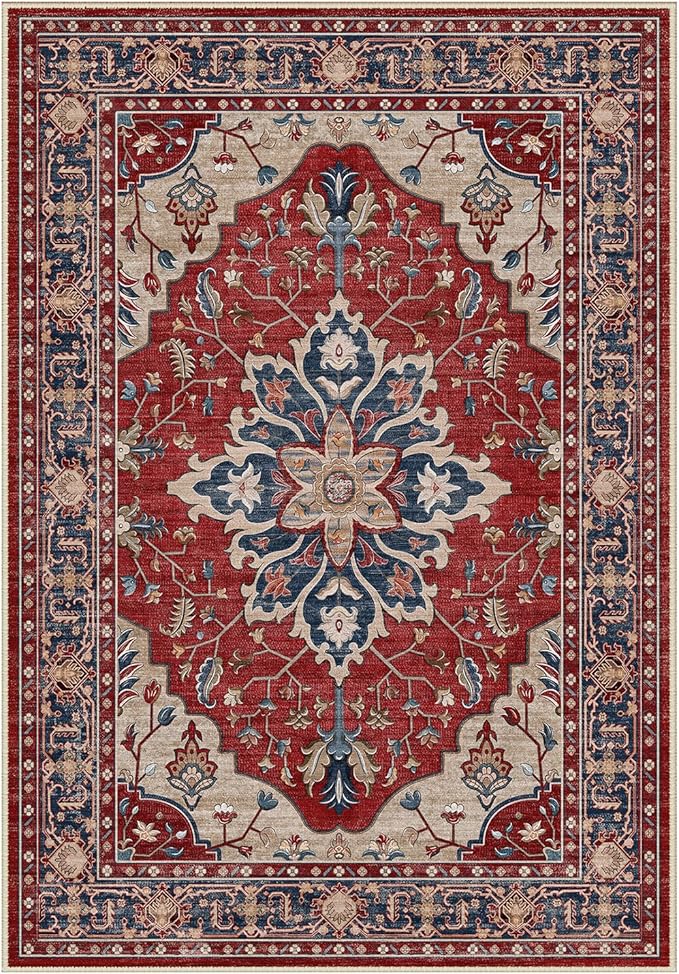 RELEANY Area Rugs Round 6ft Washable Non-Slip, Floral Vintage Distress Print Pattern Medallion Carpet for Living Room Bedroom Dining Room, Red Blue