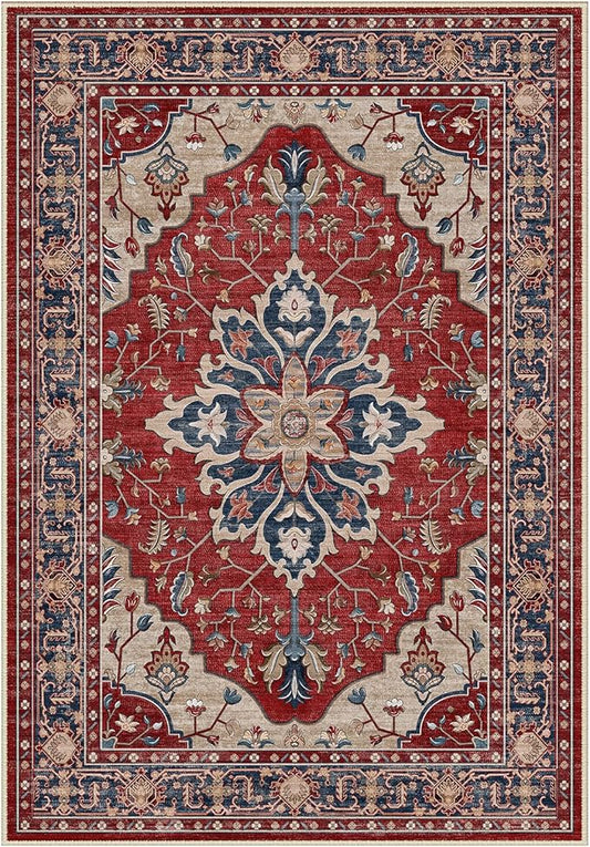 RELEANY Area Rugs Round 6ft Washable Non-Slip, Floral Vintage Distress Print Pattern Medallion Carpet for Living Room Bedroom Dining Room, Red Blue