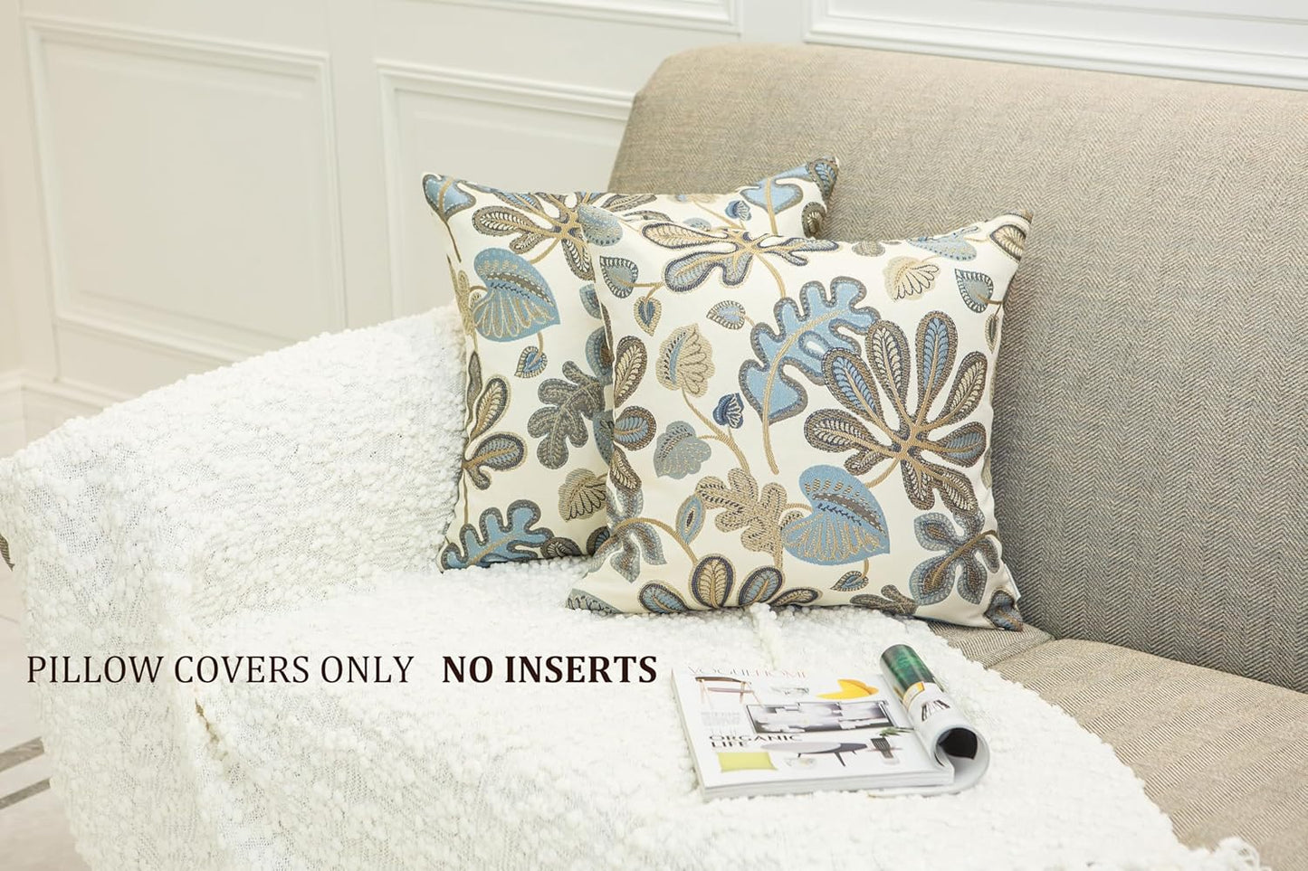 Set of 2 Jacquard Tropical Leaf Pattern Throw Pillow Covers Decorative Pillowcase 20X20 Inches,Blue Cream