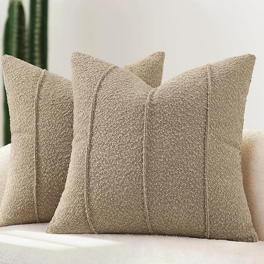 YCOLL Textured Boucle Throw Pillow Covers 24x24 Pack of 2 - Soft Neutral Striped Cushion Covers, Cozy Accent Decorative Pillow Covers for Couch, Sofa, Bed, Living Room (Taupe)