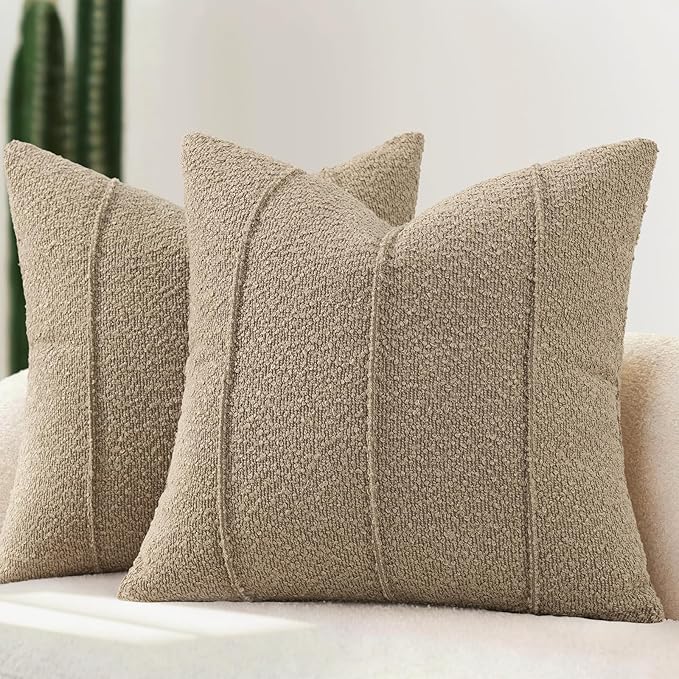 YCOLL Textured Boucle Throw Pillow Covers 18x18 Pack of 2 - Soft Neutral Striped Cushion Covers, Cozy Accent Decorative Pillow Covers for Couch, Sofa, Bed, Living Room (Taupe)