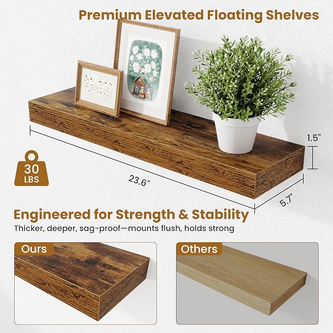 Fun Memories Floating Shelves Set of 2, 24 Inch Floating Shelves for Wall, Wood Wall Shelves with Invisible Brackets, for Bathroom, Bedroom, Living Room, Kitchen, Rustic Brown
