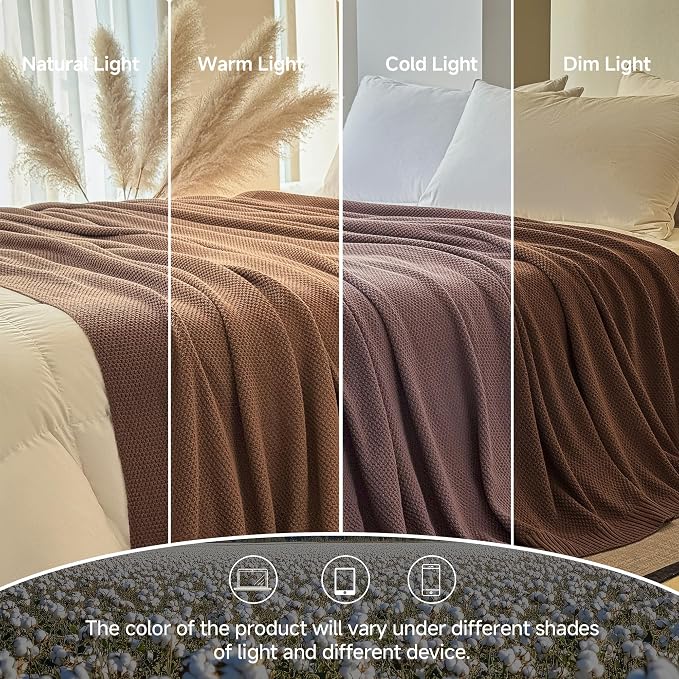 Simple&Opulence 100% Cotton Throw Blanket, Solid Color Cable Knitted Blanket Super Soft Comfortable Breathable Decorative Farmhouse for Couch Sofa Bed, All Season Use(Coffee,50x60)