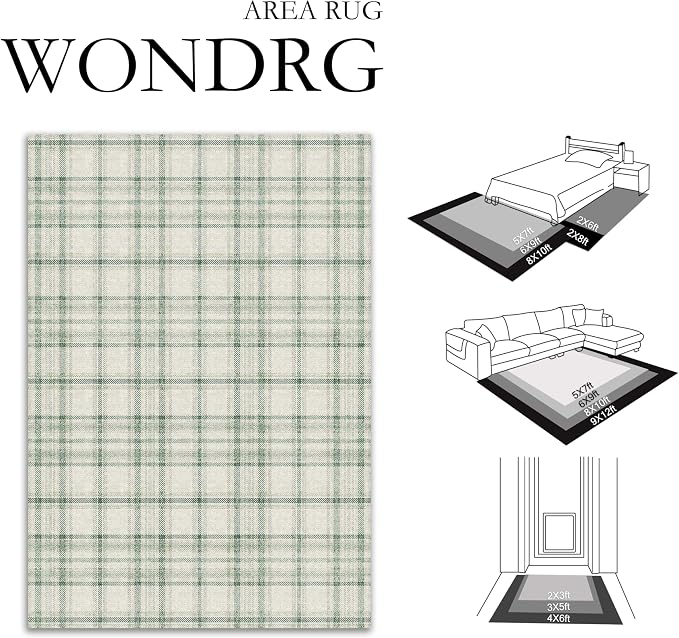 9x12 Green Area Rug for Living Room Bedroom Soft Low Pile Checkered Large Carpet Modern Accent Non Slip Rug for Dining Room Nursery Office Indoor