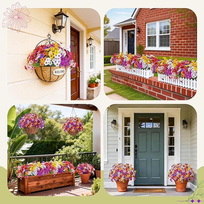 Der Rose 24 Bundles Artificial Flowers for Outdoor UV Resistant Faux Plants Spring Flowers for Outdoor Planters Wedding Home Garden Patio Porch Decor (8 Colors)