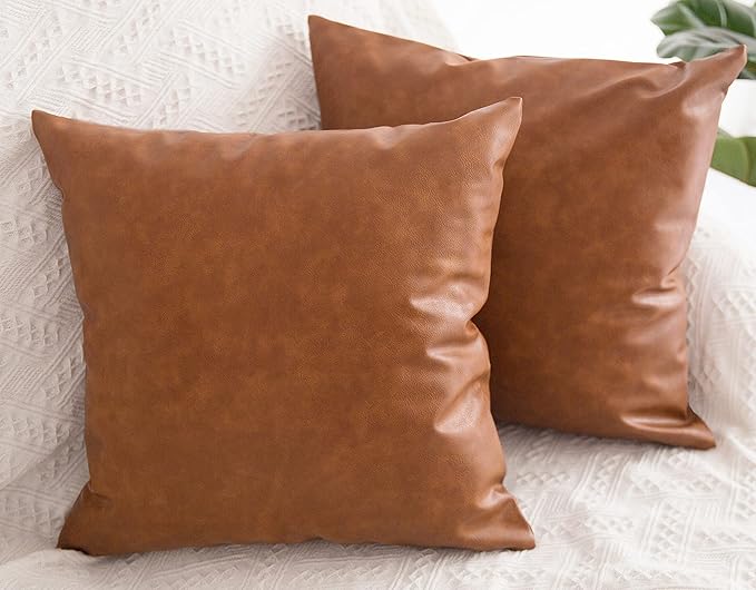 Faux Leather Throw Pillow Covers 22x22 inch, Set of 2 Thick Cognac Brown Modern Solid Decorative Square Minimalist Cushion Cases for Couch Bed Sofa