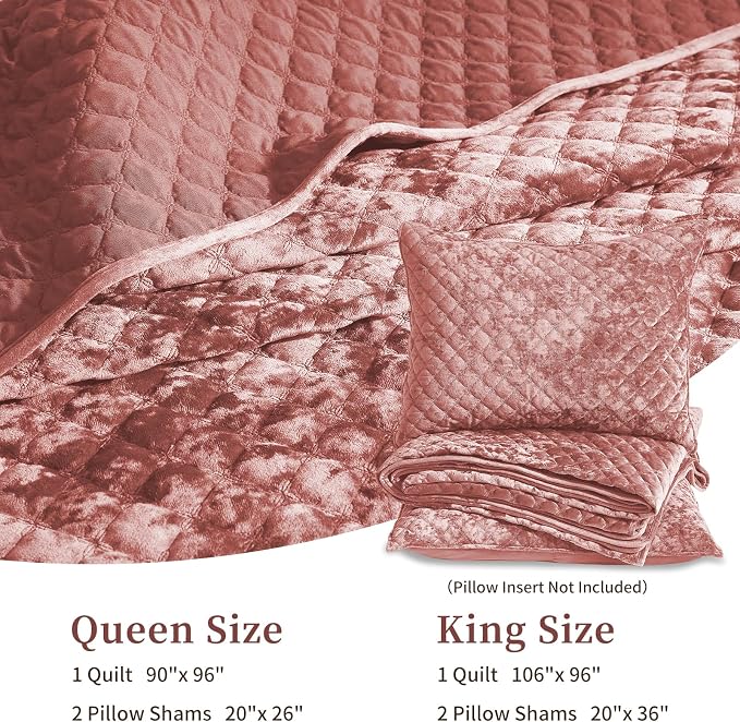 Luxury Soft Velvet Quilt Set King Size - Lightweight Velvet Bedding Set for All Season, Oversized Bedspread Coverlet Comforter Set with 2 Pillow Shams, Pink, Diamond