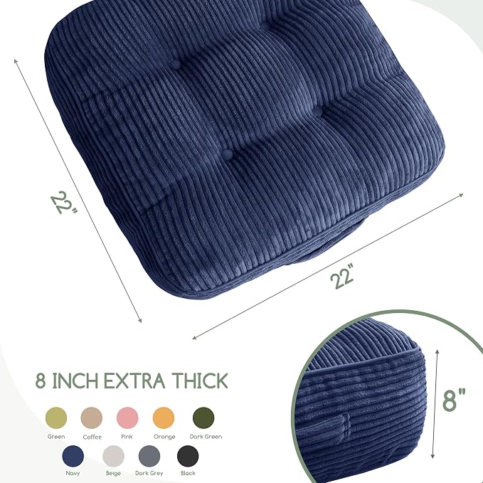 HIGOGOGO 8" Extra Thick Floor Pillow Cushion for Adults, Meditation Cushion Pillow, Large Square Floor Sitting, Tufted Corduroy Cover, for Tatami Living Room or Yoga, 22x22 Inch, Navy