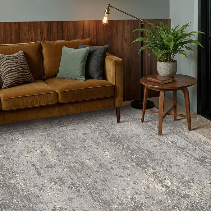 Farmhouse 5x7 Washable Area Rug for Small Living Room & Home Office, Neutral Gray Vintage Distressed Rug, Non-Slip Soft Low Pile Carpet for Bedroom, Desk Area & Dorm