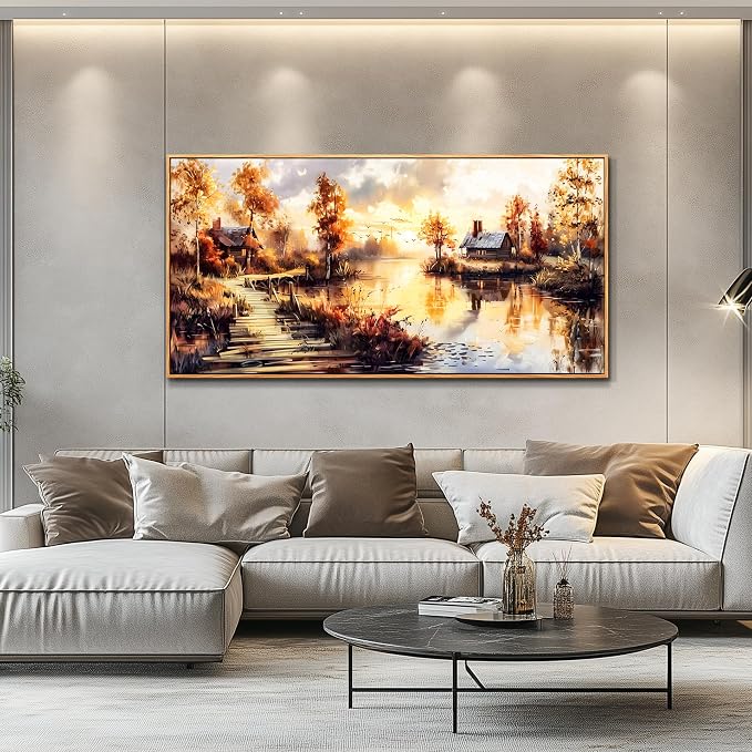 XIGUANGART Framed Vintage Wall Art, Cottage Trees Garden Landscape Pictures Wall Decor Paintings, Rustic Farmhouse Canvas Prints Aesthetic Home Decor for Living Room Bedroom Bathroom 24x48 inch
