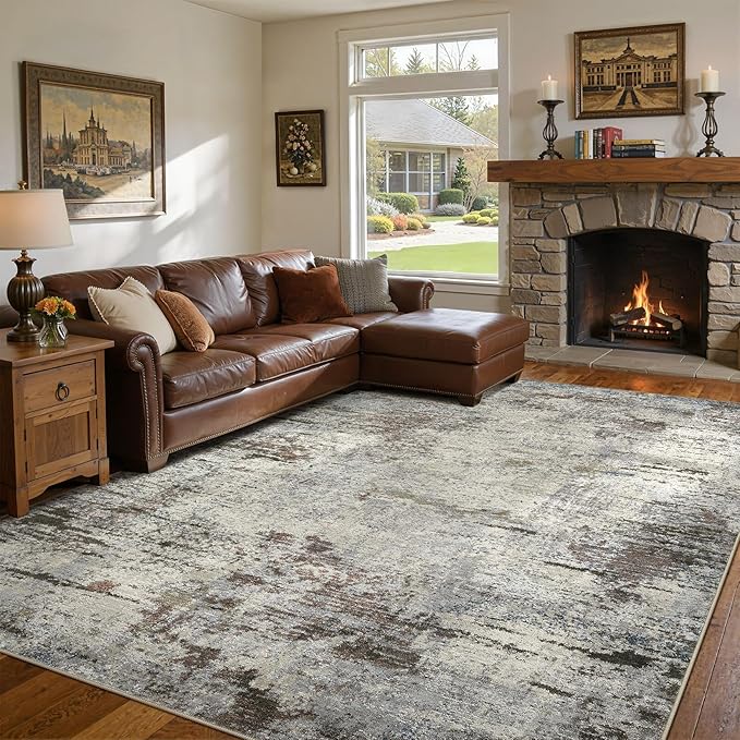 DMOYEST Area Rug Living Room Rugs - 9x12 Washable Large Soft Indoor Neutral Modern Abstract Low Pile Rug Carpet for Bedroom Dining Room Farmhouse Home Office - Brown Rust