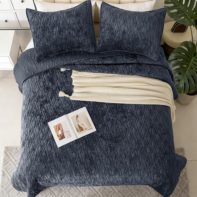Velvet Quilt Set California King Size 106x118 Soft Bedding Set 3 Pieces Neutral Luxury Bedspread Farmhouse Comforter with 2 Pillow Shams 20x36 for All Seasons,Blue Gray
