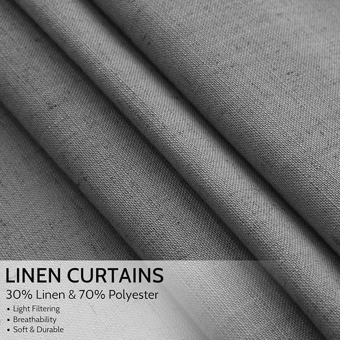 Blazer Grey Linen Curtains 72 Inch Long for Living Room Bedroom Lightweight Door Drapes 2 Panels Set, Semi Sheer Light Filtering Back Tab or Rod Pocket Curtain,52x72