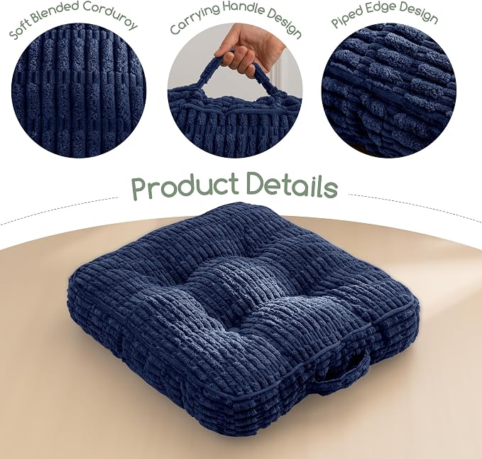 HIGOGOGO Floor Pillow Cushion for Adults, Meditation Cushion Pillow, Blended Corduroy Cover, Large Square Floor Sitting for Tatami Living Room or Yoga, 2Pack, Navy