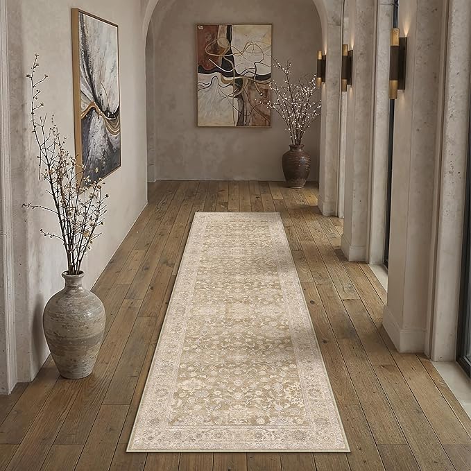 2x8 Taupe Washable Runner Rug for Living Room Bedroom Neutral Soft Floral Non Slip Runner Rug Lightweight Vintage Low Pile Distressed Runner Kitchen Hallway Porch Beside Bed Bathroom