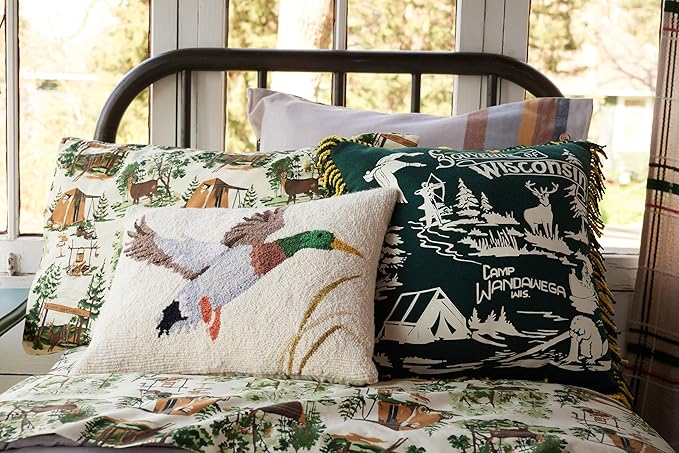 Camp Wandawega Mallard Duck Wool Hook Throw Pillow - Vintage Lodge Cabin Decorative Pillow, Hand-Hooked Oblong 16 x 20 Inch, Lake House Rustic Hunting Decor by Makers Collective