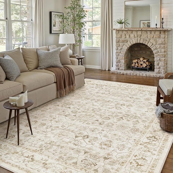 9x12 Beige Washable Neutral Area Rug for Living Room Soft Floral Non Slip Large Rug Modern Low Pile Stain Resistance Indoor Carpet Bedroom Office Playroom Office Classroom
