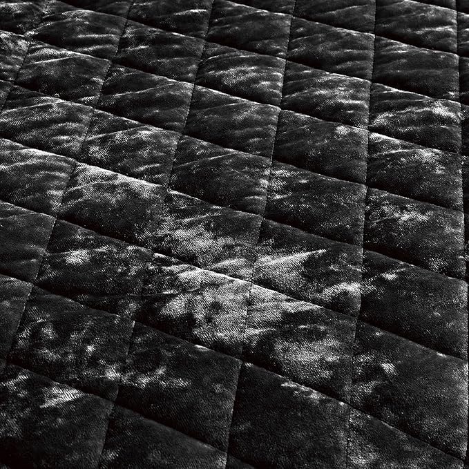Fredsure Distressed Velvet Quilt Set, 3 Pieces Black Queen, Distressed Velvet Face and Brushed Microfiber Reverse, with Diamond Quilting