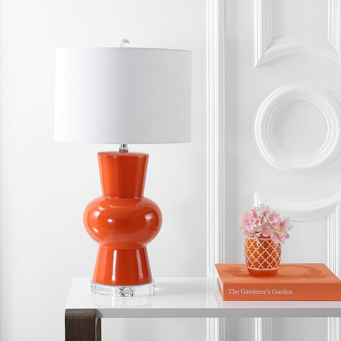 JONATHAN Y 28.5" Coral Ceramic Table Lamp for Living Room Bedroom Nightstand, Modern Hourglass LED Bedside Lamp with Crystal Base and Linen Shade (JYL4027C)