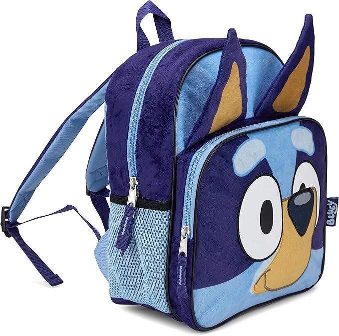 BLUEY Backpack for Girls & Boys for Kindergarten & Elementary School, 12 Inch, Plush with 3D Ears & Appliques, Adjustable Straps & Padded Back, Lightweight Travel Bag for Kids