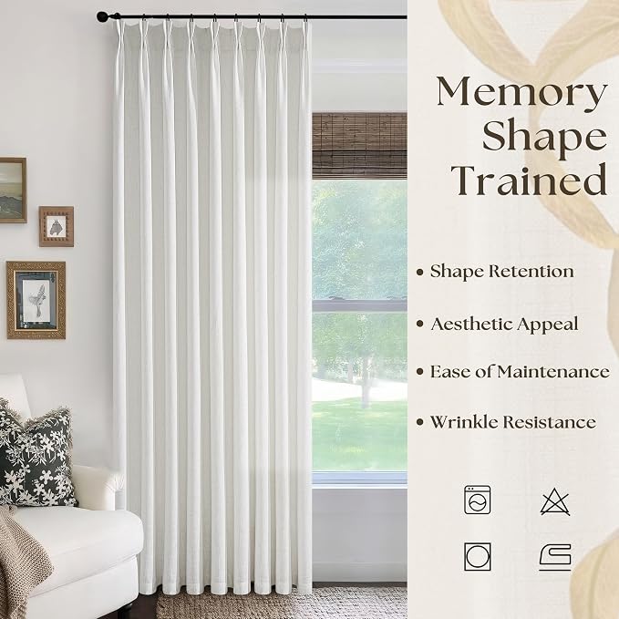 Pinch Pleated Linen Curtains 96 Inches Long 60 Inch Width Linen Blend Light Filtering Window Curtains 96 Inch for Living Room Bedroom Patio Pinch Pleat Drapes Hooks Rings Beige White 1 Panel 60Wx96L