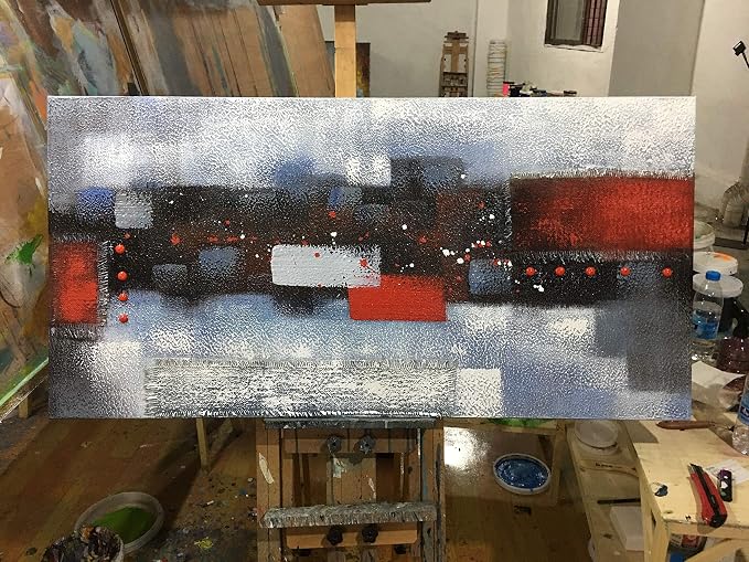 Handmade Abstract Red Gray Oil Painting, Thick Textured Linen Artwork, Modern Decoration Wall Art, Framed Painting Picture 48x24inch