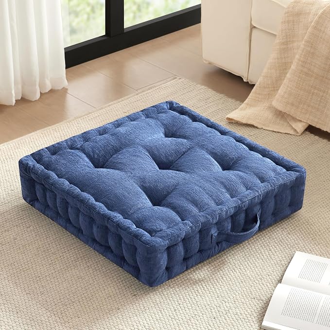 Intelligent Design Azza Floor Pillow, Large Cushions Sitting for Adults, Floor Pillow for Meditation or Yoga, Lustrous Chenille Tufted with Scalloped Edges for Bench/Chair Cushion, 24"x24"x5" Navy