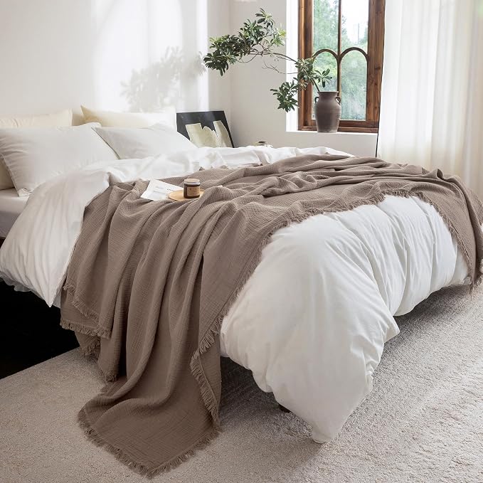 FOSSA Muslin Blanket: 4-Layer 100% Cotton Gauze Blanket with Fringe 98"x98" | Super Soft Breathable Lightweight All Season & Decorative Blanket or Bed, Sofa, Office (Pale Brown, Oversize Queen )