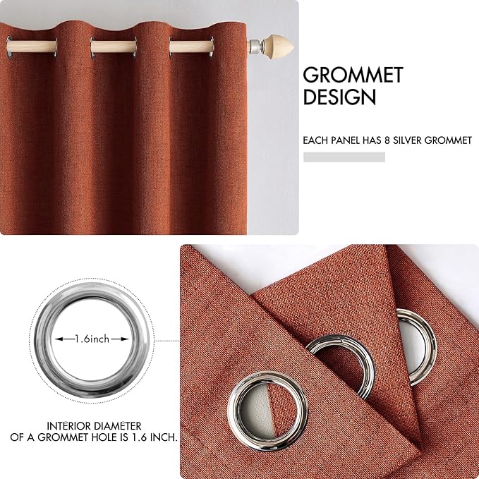 MIULEE Linen Curtains Soild 100% Blackout Thermal Insulated Burnt Orange Fall Curtains Grommet Room Darkening Curtains & Drapes for Living Room Bedroom Nursery 42 x 63, Rust Terracotta (2 Panels)