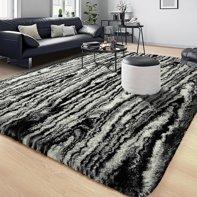 Tepook Area Rugs 9x12 for Living Room, Super Soft Fluffy Rugs for Bedroom, Modern Shaggy Rug Fuzzy Carpets for Kids, Plush Indoor Nursery Home Decor Rug with Non-Slip Bottom, Black White