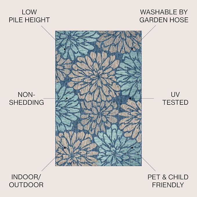 JONATHAN Y Floral Textured Weave Indoor Outdoor Area Rug 8X10 Navy/Aqua, Zinnia Modern for Backyard, Patio, Porch, Easy-Cleaning, High Traffic, Pet-Friendly, Non-Shedding (SMB110C-8)