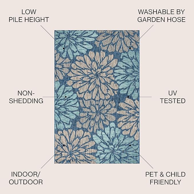 JONATHAN Y Floral Textured Weave Indoor Outdoor Square Area Rug 9X9 Navy/Aqua, Zinnia Modern for Backyard, Patio, Porch, Easy-Cleaning, High Traffic, Pet-Friendly, Non-Shedding (SMB110C-9SQ)