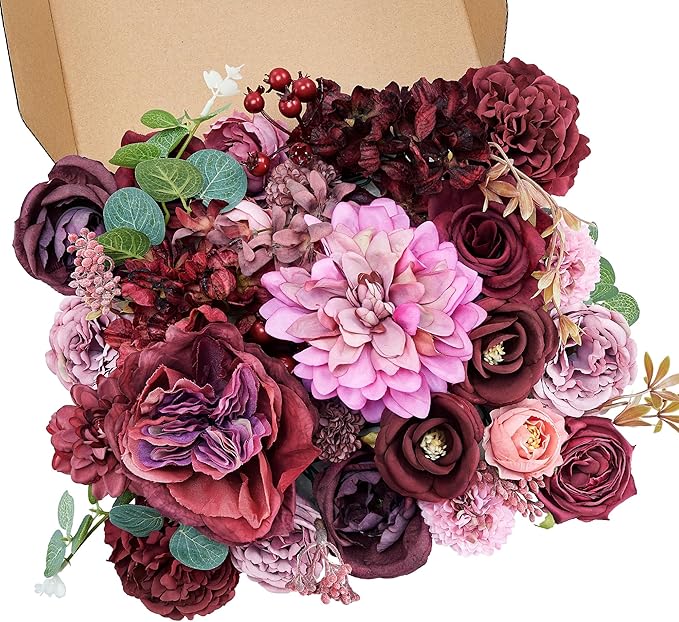 Artificial Flowers Combo Box, 38PCS Fake Flowers, Silk Flower Mix with Wire Stem, DIY Wedding Bridal Bouquet for Arrangement, Shower Party Home Décor, Blush Pink & Burgundy Mix