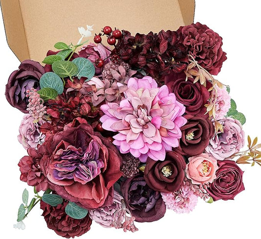 Artificial Flowers Combo Box, 38PCS Fake Flowers, Silk Flower Mix with Wire Stem, DIY Wedding Bridal Bouquet for Arrangement, Shower Party Home Décor, Blush Pink & Burgundy Mix