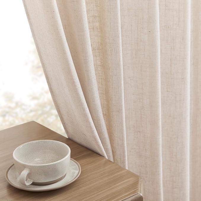 Joydeco Linen Curtains for Living Room,Semi Sheer Drapes Window Long Curtains 90 inches Long Pink Beige