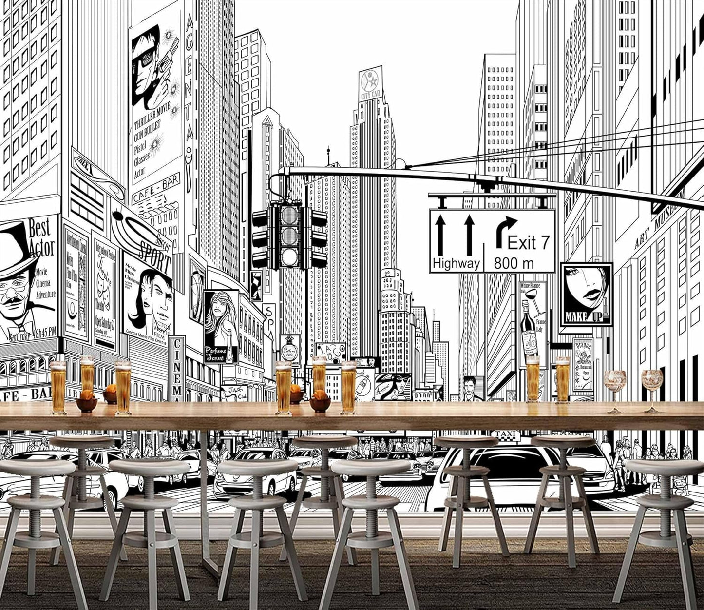 WFBHUA-Black and White New York City Wallpaper Hand Painted Times Square Wall Mural Decoration for Living Room Bedroom Offices(Not Peel and Stick)